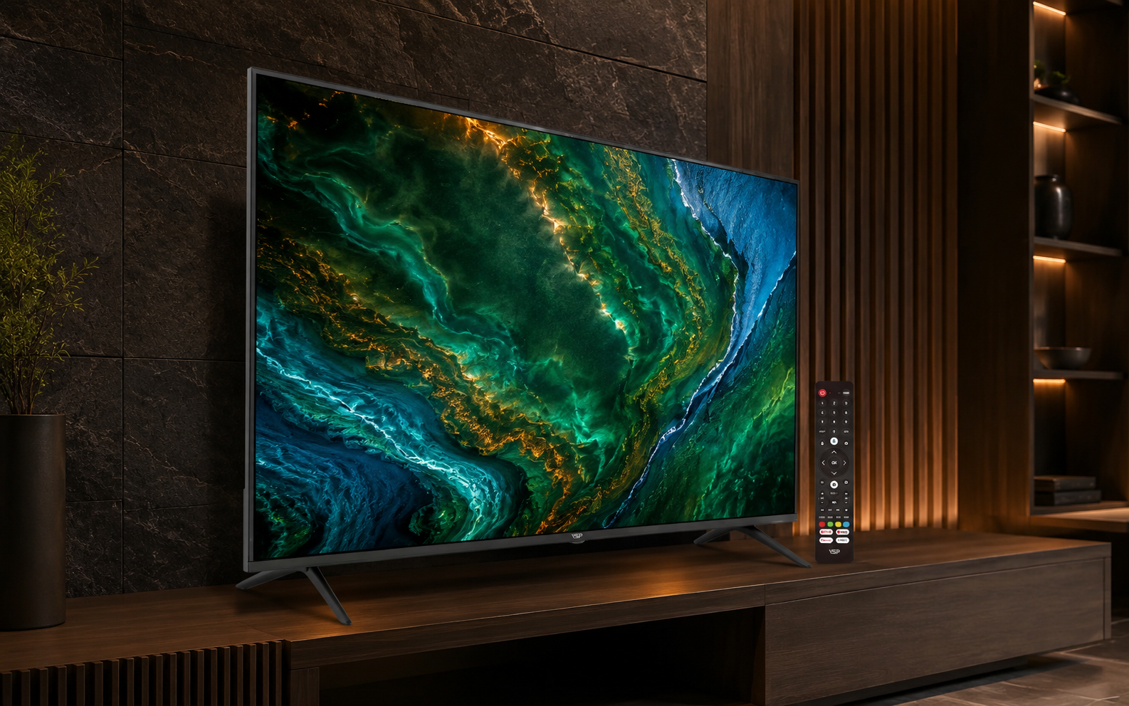 Smart Tivi VSP VUE43GSU01 góc nghiêng trong phòng khách sang trọng