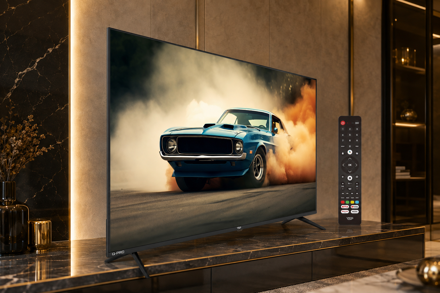 Smart Tivi QLED VSP VUE55GSU01 góc nghiêng cùng remote trong phòng khách sang trọng